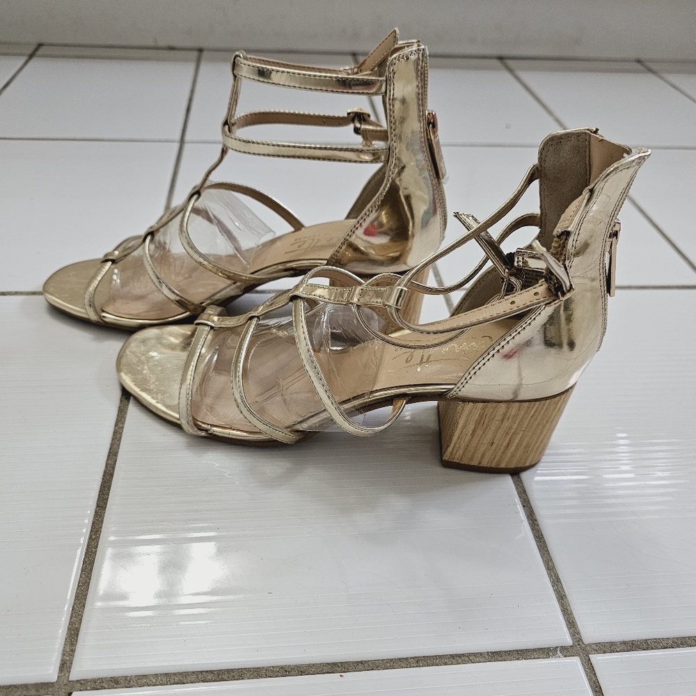 Nanette Lepore metallic gold T ankle straps sandals